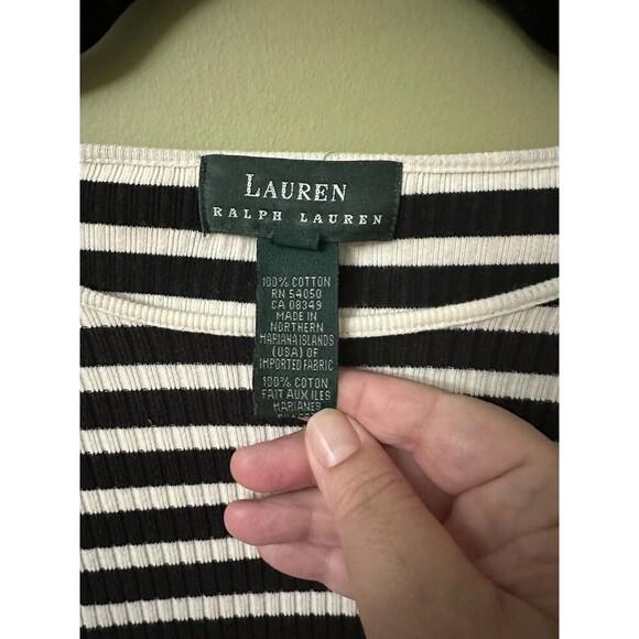 Laure Ralph Lauren Womens S Top Short Sleeve Rib‎ Knit Cotton Black Stripe - Picture 2 of 7
